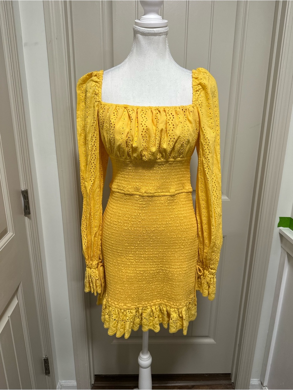 Sunny Eyelet Smocked Midi Dress in Yellow